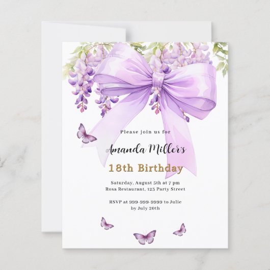 Lavendelboog bloemenvlinder verjaardagsuitnodiging (Voorkant)