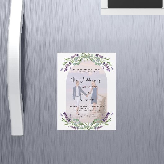 Lavendelboog foto violette bloemen luxe bruiloft magnetische uitnodiging