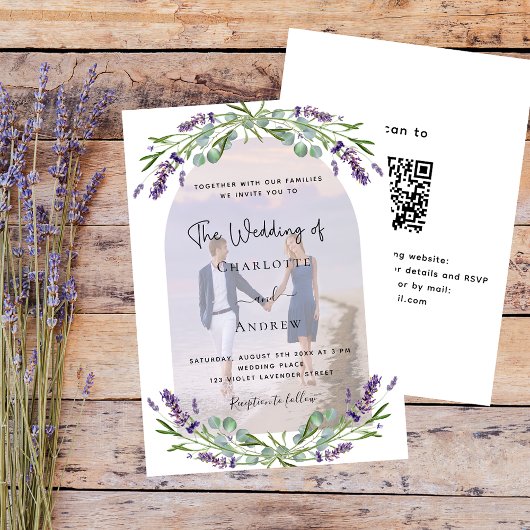 Lavendelboog fotobloemen QR RSVP bruiloft Kaart