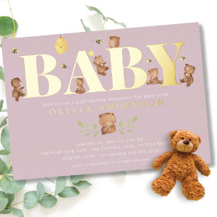 Lavendelhoningbeer Baby Shower Folie Uitnodiging