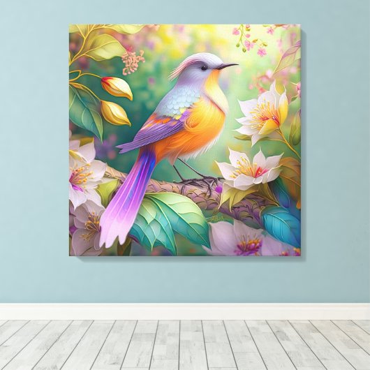 Lavendelkop Sinaasappel Breasted Fantasy Bird Canvas Afdruk (Insitu (Houten vloer))