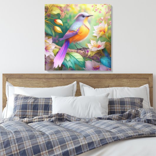 Lavendelkop Sinaasappel Breasted Fantasy Bird Canvas Afdruk (Insitu (Slaapkamer))