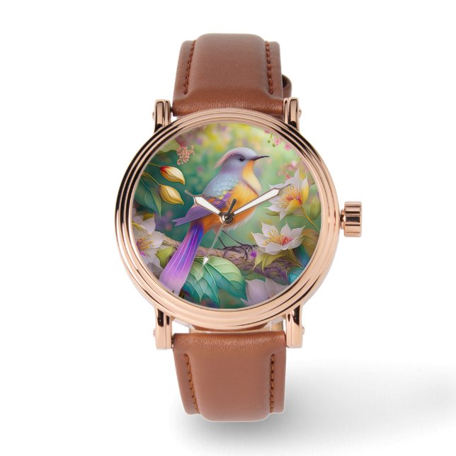 Lavendelkop Sinaasappel Breasted Fantasy Bird Horloge (Voorkant)