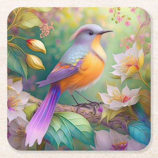 Lavendelkop Sinaasappel Breasted Fantasy Bird Kartonnen Onderzetters (Voorkant)