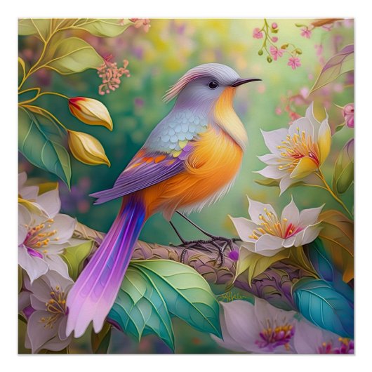 Lavendelkop Sinaasappel Breasted Fantasy Bird Perfect Poster (Voorkant)