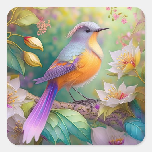Lavendelkop Sinaasappel Breasted Fantasy Bird Vierkante Sticker (Voorkant)