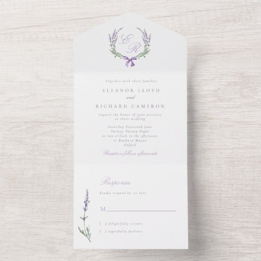 Lavendelkrans Monogram & Boog Wedding All In One Uitnodiging (Binnen)