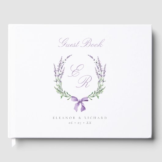 Lavendelkrans & strik monogram bruiloft gastenboek (Voorkant)