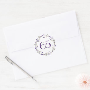 Lavendelkrans voor 65ste verjaardag ronde sticker