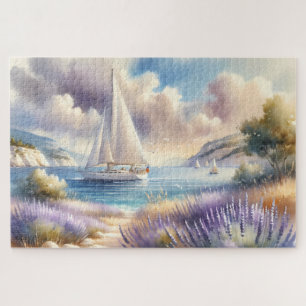 Lavendelkust Zeilboot Watercolorscene Legpuzzel