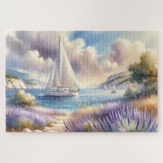 Lavendelkust Zeilboot Watercolorscene Legpuzzel (Horizontaal)
