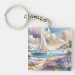 Lavendelkust Zeilboot Watercolorscene Sleutelhanger