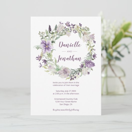 Lavendelpruim Paarse crème bloemenkrans bruiloft | Kaart (Staand voorkant)