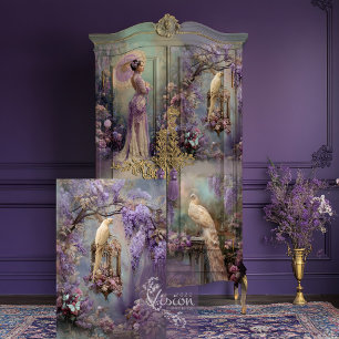 Lavendelromance, antieke vogelkooi vogel & bloemen tissuepapier