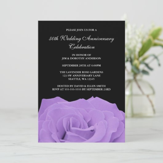Lavendelroos en Zwarte 50ste Huwelijksverjaardag Kaart (Staand voorkant)