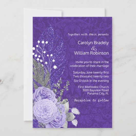 Lavendelrozen op paarse damast bruiloft kaart (Voorkant)