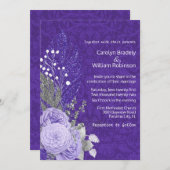 Lavendelrozen op paarse damast bruiloft kaart (Voorkant / Achterkant)