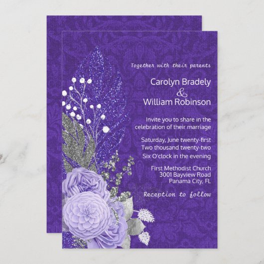 Lavendelrozen op paarse damast bruiloft kaart (Voorkant / Achterkant)