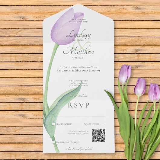 Lavendeltulp Solo Paarse moderne QR-code All In One Uitnodiging