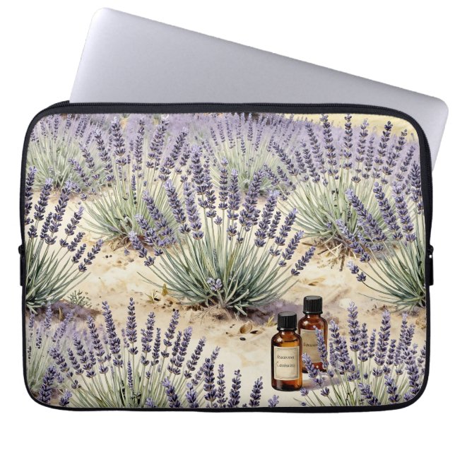 Lavendelveld Etherische Olie Watercolor Patroon Laptop Sleeve (Voorkant)