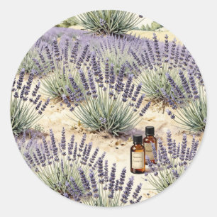 Lavendelveld Etherische Olie Watercolor Patroon Ronde Sticker