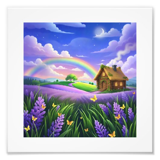 Lavendelveld Regenboog Cottage Droom Foto Afdruk (Voorkant)