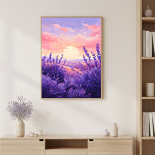 Lavendelveld Zonsondergang Muurkunst Print Poster
