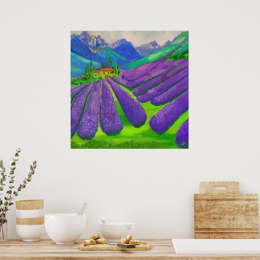 Lavendelvelden voor bergen poster (Keuken)