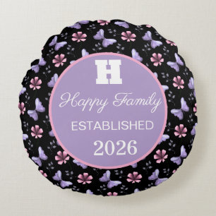 Lavendelvlinder & Roze Bloemige Naadloos Patroon Rond Kussen