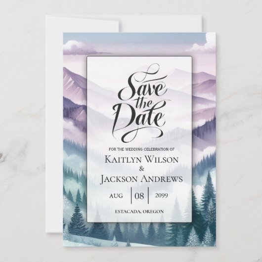 Lavendelvorst in de Alpiene Mist Bruiloft Save The Date (Voorkant)