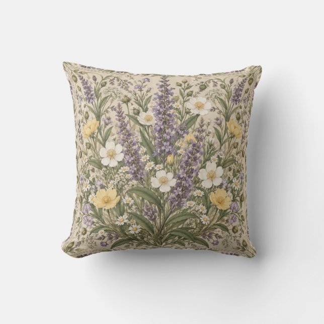 Lavendelweide Bloemen Botanisch Frame Kussen (Voorkant)