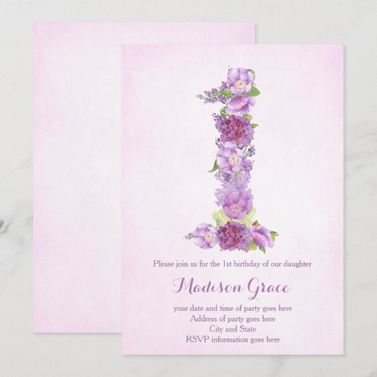 lavender 1 - jarig nodigt eerste verjaardag uit kaart (Voorkant / Achterkant)