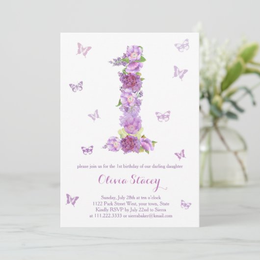Lavender 1st Birthday Uitnodigingen met vlinders (Staand voorkant)