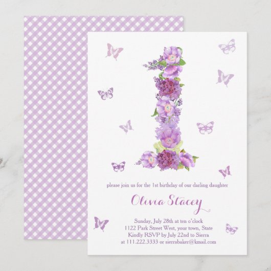 Lavender 1st Birthday Uitnodigingen met vlinders (Voorkant / Achterkant)