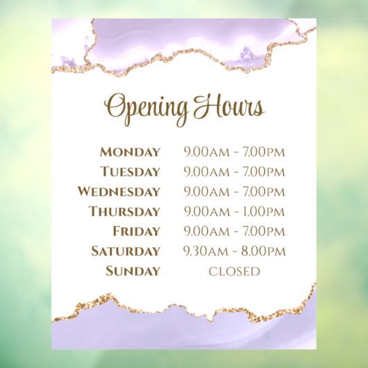 Lavender Agate Openingstijden Venster Cling Raamsticker (Vel 3)