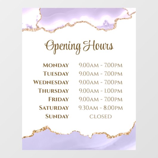 Lavender Agate Openingstijden Venster Cling Raamsticker (Vel)