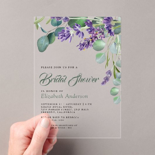 Lavender and Eucalyptus White Marble Bridal Shower Acryl Uitnodigingen (Insitu (Draagbaar))