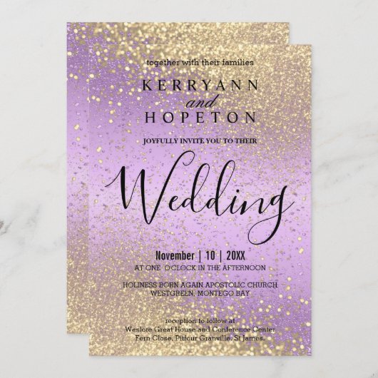 Lavender and Gold Glitter Invitation Kaart (Voorkant / Achterkant)