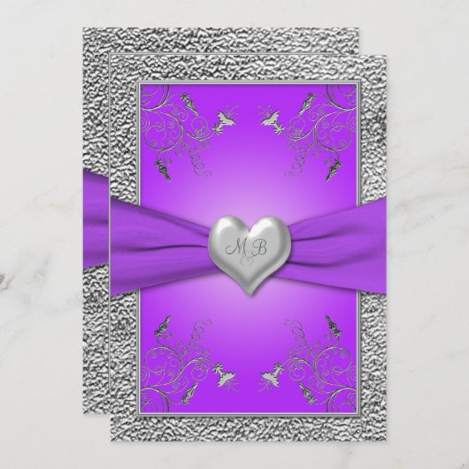 Lavender and Pewter Heart Monogrammed Invitation Kaart (Voorkant / Achterkant)
