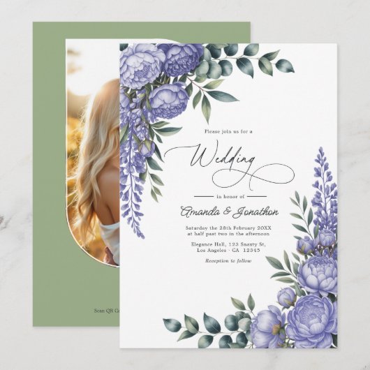 Lavender and Sage Watercolor Floral Wedding Photo Kaart (Voorkant / Achterkant)