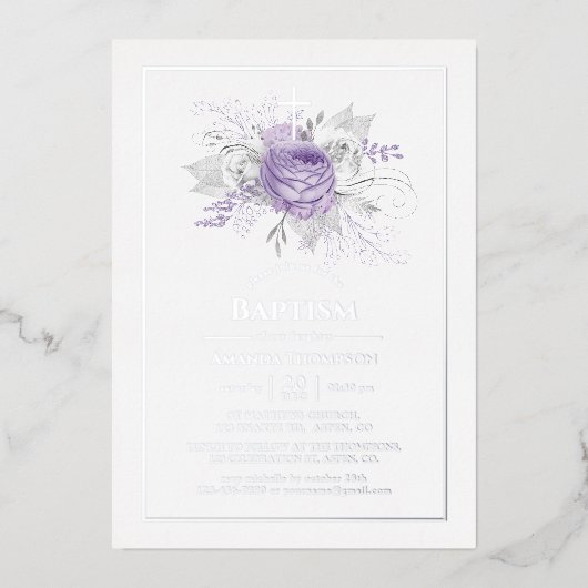 Lavender and Silver Floral Baptism Folie Invitatio Folie Uitnodiging (Voorkant)