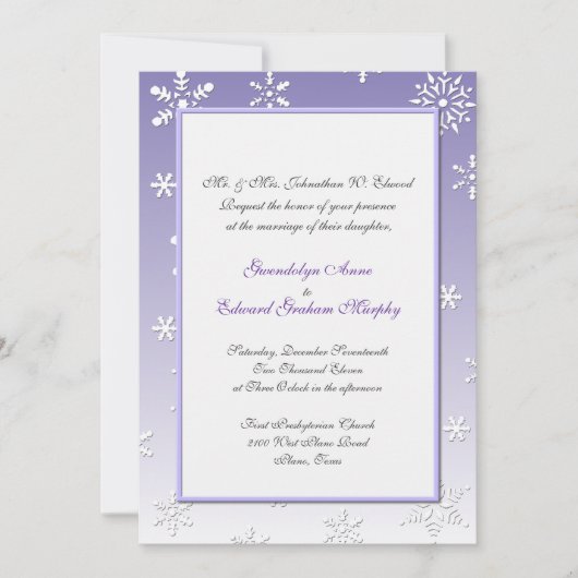 Lavender and White Snowflake Wedding Invitation Kaart (Voorkant)