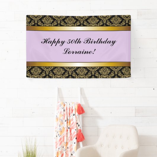 Lavender Any Age Gold Damask Birthday Banner (Insitu)