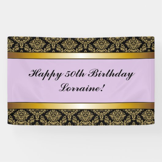 Lavender Any Age Gold Damask Birthday Banner (Horizontaal)