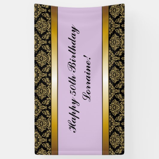 Lavender Any Age Gold Damask Birthday Banner (Verticaal)