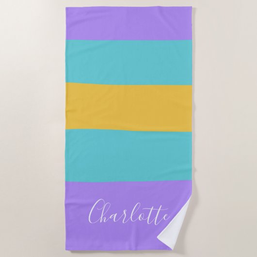 Lavender Aqua Yellow Wide Stripes, gepersonaliseer Strandlaken (Voorkant)