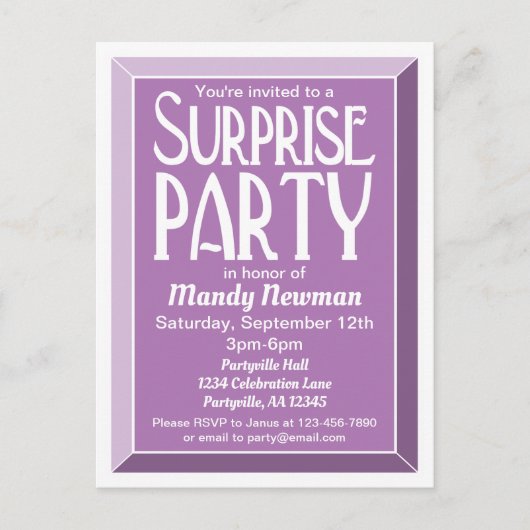 Lavender Art Deco Birthday Surprise Party Uitnodiging Briefkaart (Voorkant)