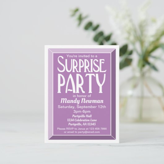 Lavender Art Deco Birthday Surprise Party Uitnodiging Briefkaart (Staand voorkant)
