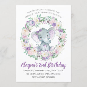 Lavender Baby Elephant Birthday Uitnodiging