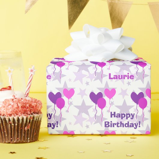 Lavender Balloons Stars gepersonaliseerde verjaard Cadeaupapier (Verjaardagsfeest)